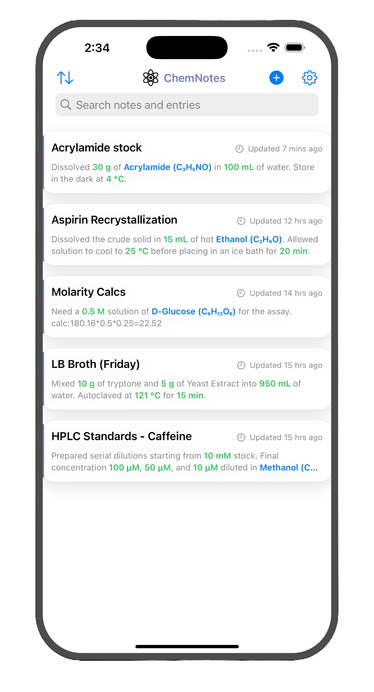 ChemNotes app home screen